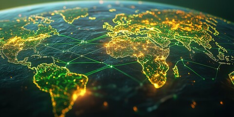Poster - Global connections illuminated by green and yellow lights in a digital representation of Earth at night