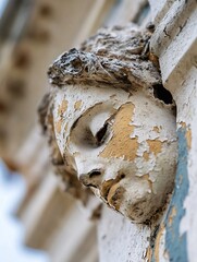 Poster - CloseUp of Weathered Vintage Sculpture with Peeling Paint Details of a Contemplative Face : Generative AI