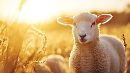 Poster - Adorable sheep standing in a golden sunlit field during a warm summer evening : Generative AI