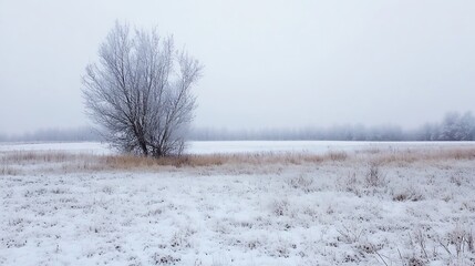 Poster - Lonely Tree Standing in Snowy Field Under Gray Overcast Sky : Generative AI