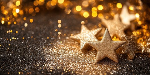 Poster - Sparkling golden stars scattered on a glittery surface create a festive atmosphere for celebrations