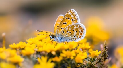 Poster - Colorful butterfly perched on vibrant yellow flowers in a serene natural setting : Generative AI