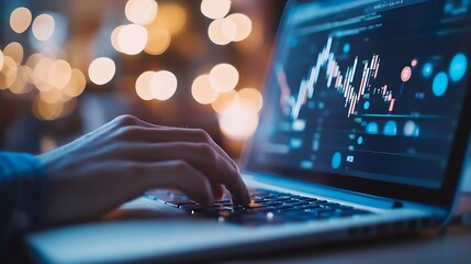 Leinwandbilder - Closeup of a person using a laptop to analyze stock market data with vibrant charts : Generative AI