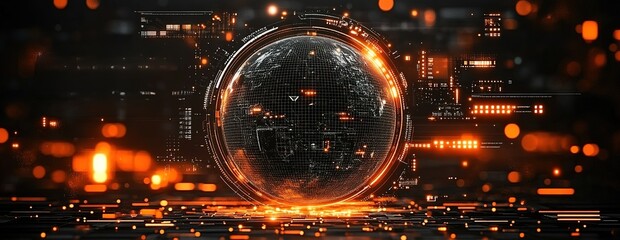 Poster - Digital globe with orange circuitry design over a dark background illustrating modern technology concepts