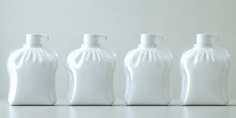 Poster - Four identical white bottles lined up on a minimalistic surface, showcasing modern design and simplicity in packaging