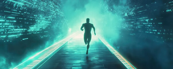 Poster - Futuristic runner in neon tunnel with digital effects and misty atmosphere