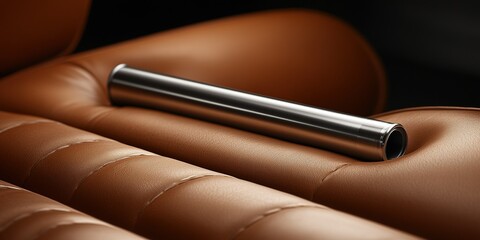Poster - Metallic object resting on a brown leather surface in a contemporary design setting