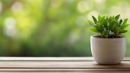 Wall Mural - Small green potted plant resting on a wooden table with a blurred natural background : Generative AI