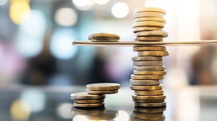 Poster - Closeup of coins on a scale representing financial balance and economic growth : Generative AI