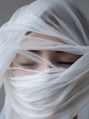 Aufkleber - Beautiful CloseUp Portrait of a Woman's Face Partially Covered with Sheer Fabric for Artistic Expression : Generative AI