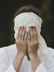 Aufkleber - Person Covering Face with Cloth While Expressing Emotions and Vulnerability Outdoors : Generative AI