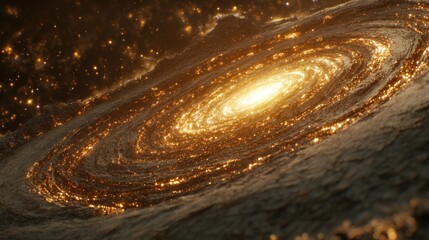 golden spiral galaxy, cosmic dust, space exploration, background stars, science fiction