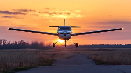 Poster - Small aircraft landing at sunset on a runway surrounded by fields and clouds : Generative AI