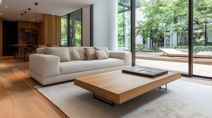 Poster - Minimalist interior design of a bright living room featuring a comfortable sofa and wooden coffee table : Generative AI
