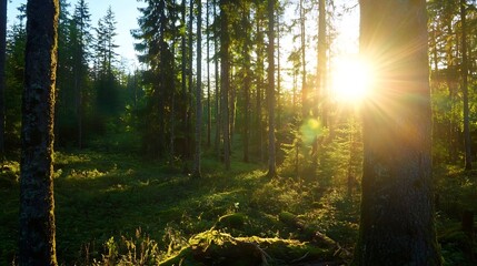 Poster - Enchanting forest scene with sunlight filtering through tall trees illuminating a serene natural environment : Generative AI