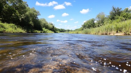 Poster - Serene view of a calm river flowing through lush greenery under a bright blue sky : Generative AI