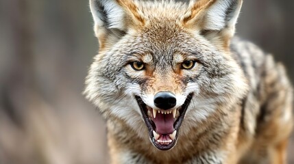 Poster - Closeup of a fierce coyote displaying teeth and intense gaze in natural habitat : Generative AI
