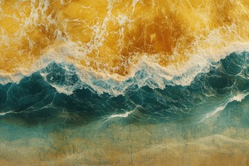 Wall Mural - Aerial view of ocean waves breaking on sandy shore, golden hues dominate.