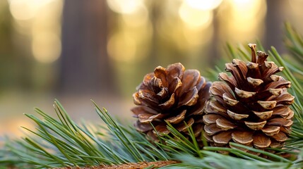 Aufkleber - CloseUp of Pine Cones on Evergreen Branches Bathed in Warm Natural Light : Generative AI