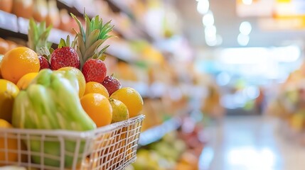 Poster - Fresh assorted fruits displayed in a grocery store basket with colorful background highlighting healthy eating : Generative AI