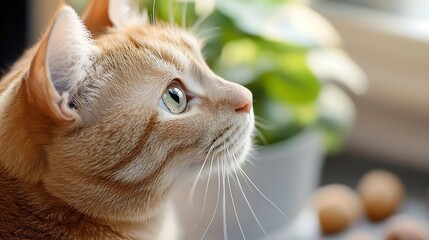 Poster - Curious Ginger Cat Staring at a Potted Plant with Bright Eyes and Soft Fur : Generative AI