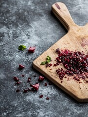 Fototapete - Freshly Chopped Pomegranate Seeds on Wooden Cutting Board Surrounded by Green Herbs : Generative AI