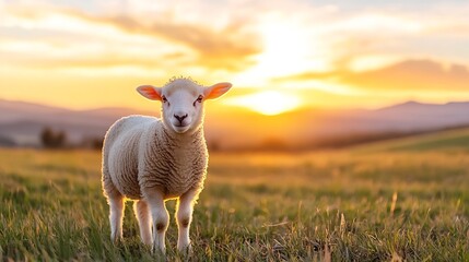 Aufkleber - Charming Sheep Standing Gracefully in a Field at Sunset Capturing the Beauty of Nature : Generative AI