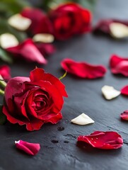 Aufkleber - Beautiful red rose petals scattered on a dark background creating a romantic atmosphere for any occasion : Generative AI