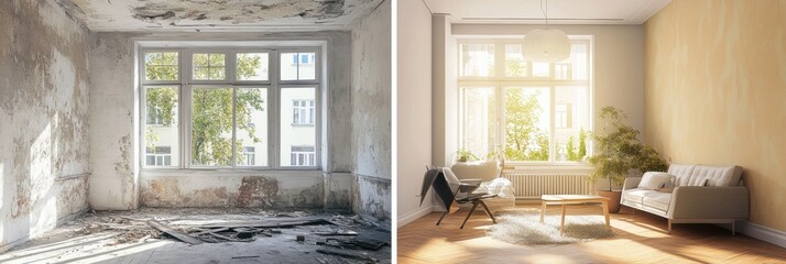 Leinwandbilder - Transforming a neglected apartment into a bright and modern living space with stylish renovations. Generative AI