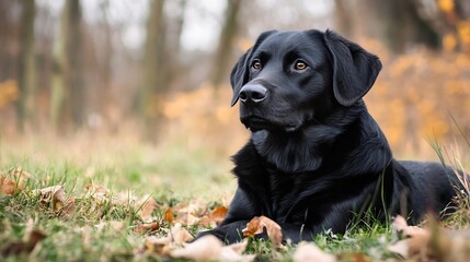 Aufkleber - A black Labrador retriever resting calmly on green grass surrounded by autumn leaves : Generative AI