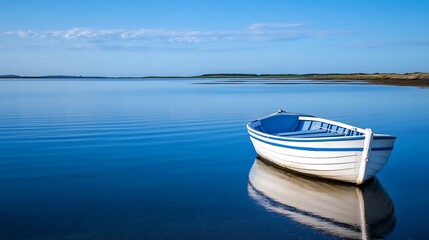 Aufkleber - Solitary white boat anchored in calm blue water reflecting the sky on a sunny day : Generative AI