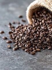 Poster - Fresh coffee beans spilling from a jute sack onto a stone surface : Generative AI