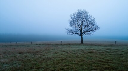 Aufkleber - Lonely bare tree standing in a foggy field surrounded by grass and mist : Generative AI