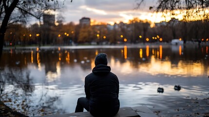 Aufkleber - Solitary figure reflecting on the calm lake at sunset surrounded by beautiful autumn scenery : Generative AI