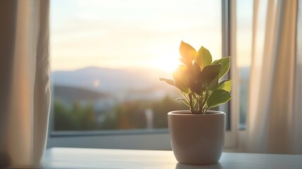 Aufkleber - Charming indoor plant soaking up sunlight by the window with a beautiful sunset view : Generative AI