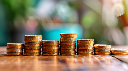 stacks of golden coins on wooden table. financial growth concept. daylight. for advertising, website