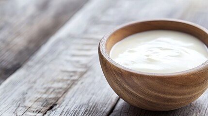 Aufkleber - Creamy yogurt in a wooden bowl resting on a rustic wooden surface for a wholesome view : Generative AI