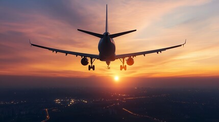 Poster - Airplane flying through a colorful sunset sky capturing the thrill of travel and adventure : Generative AI