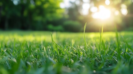 Poster - Dewy blades of grass glistening with morning sunlight in a tranquil green field : Generative AI