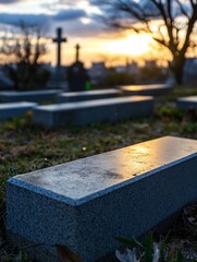 Poster - Elegant cemetery scene featuring a gravestone reflecting sunlight at dusk with silhouetted tombstones in the background : Generative AI