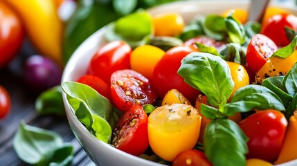 Poster - Fresh healthy salad bowl filled with colorful cherry tomatoes and basil leaves perfect for a nutritious meal : Generative AI