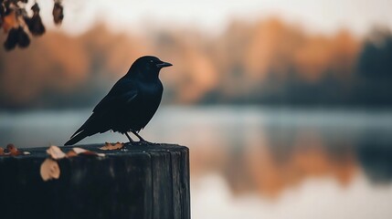 Poster - Solitary black bird perched on a wooden post near a calm lake surrounded by autumn foliage : Generative AI