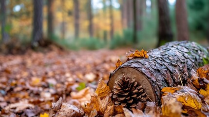 Aufkleber - Serene forest scene with fallen leaves showcasing a pine cone on a log in vibrant autumn colors : Generative AI