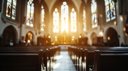 Poster - Serene Interior View of a Church with Beautiful Stained Glass Windows Illuminated by Golden Light : Generative AI