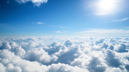Poster - Expansive view of blue sky filled with fluffy clouds illuminated by sunlight creating a serene atmosphere : Generative AI