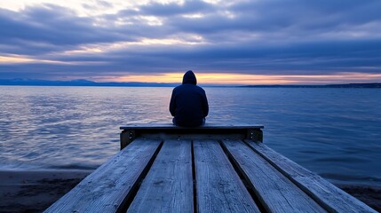 Poster - Pensive person sitting on a wooden dock at twilight looking out at the calm lakeside view : Generative AI