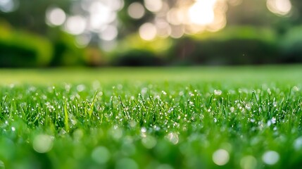 Poster - A Close Up View of Dew Covered Grass Under Gentle Morning Light in a Lush Garden : Generative AI
