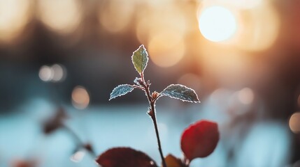 Aufkleber - Delicate frost covered leaves glisten in the warm sunset glow creating a serene nature scene : Generative AI