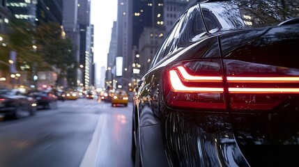 Poster - Dynamic view of a luxury car driving through a vibrant city at dusk with glowing lights : Generative AI