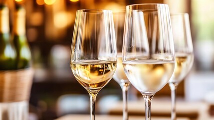 Aufkleber - Elegant closeup of wine glasses filled with white wine in a stylish dining setting : Generative AI